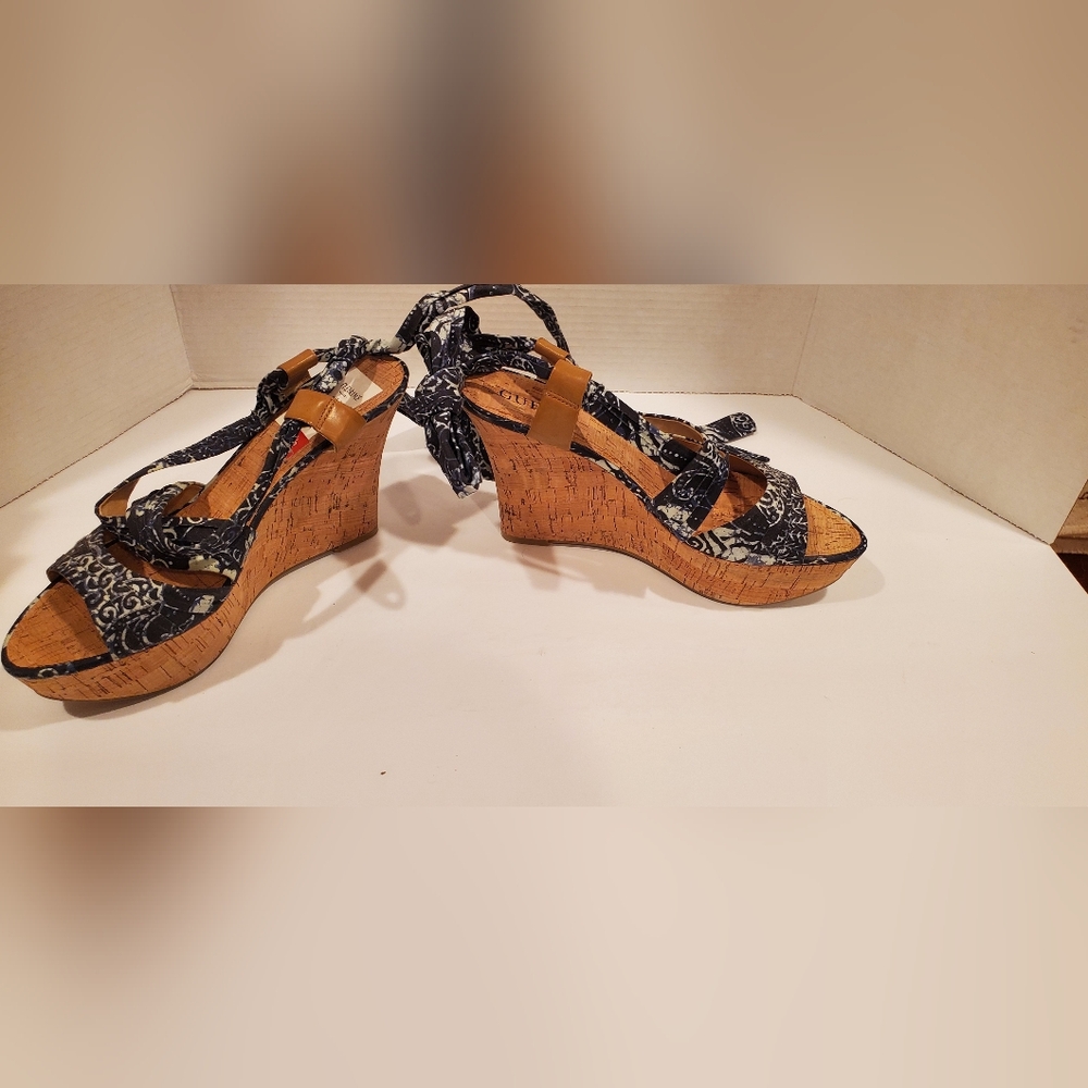 Guess 9.5M Blue Cork Wedge Sandals New